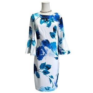 Women's Calvin Klein White & Blue Floral Peplum Dress Bell Sleeves Size 4 NWT